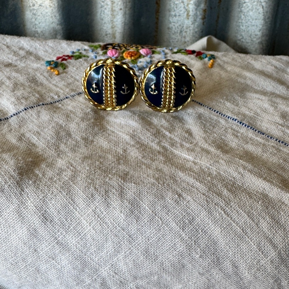 Vintage Nautical Gold and Navy Button Earrings